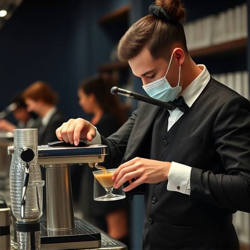 A barista meticulously preparing coffee during a competition event