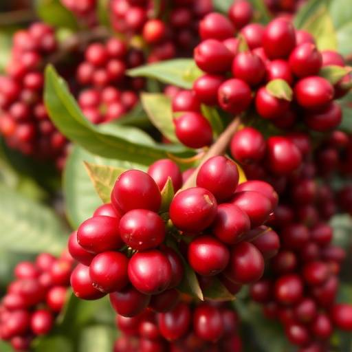 A vibrant coffee farm in Ethiopia with red coffee cherries ripening on the trees.