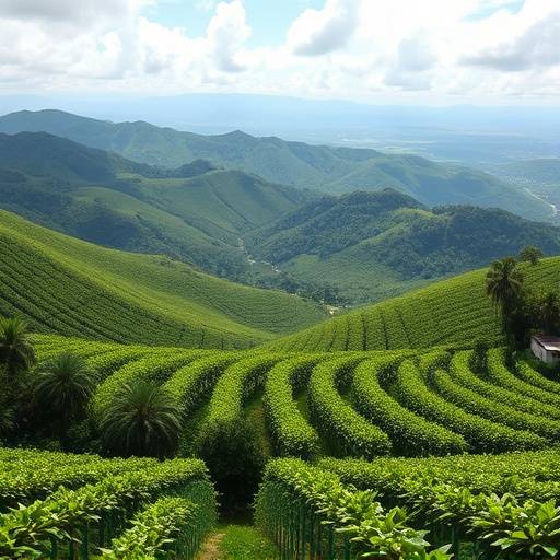 Vast coffee plantations stretching across the Brazilian landscape, highlighting the scale of coffee production in the country.
